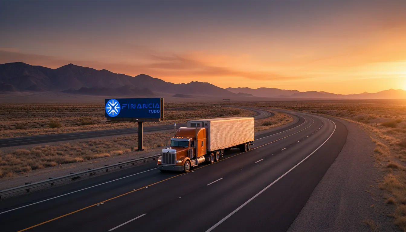 Caminhão percorre rodovia ao pôr do sol, financiado com refinanciamento de caminhão para capital de giro da Financia Tudo.