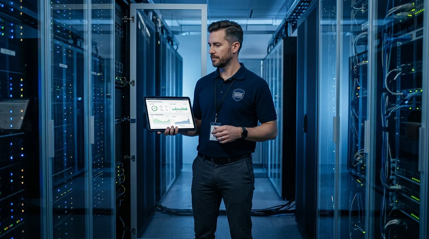 Servidores seguros indicando valor de infraestrutura e iso 27001 preco de conformidade.
