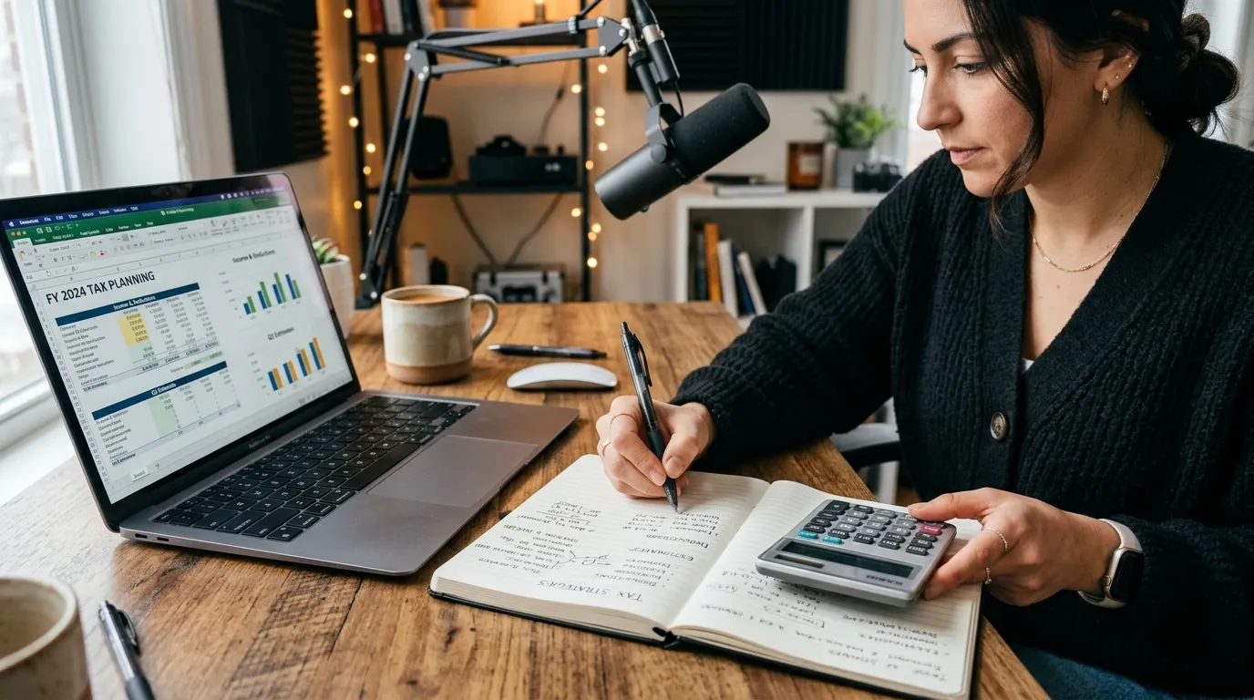 Planejamento tributário digital em mesa de trabalho; IBS e CBS para infoprodutores: entenda a nova regra.