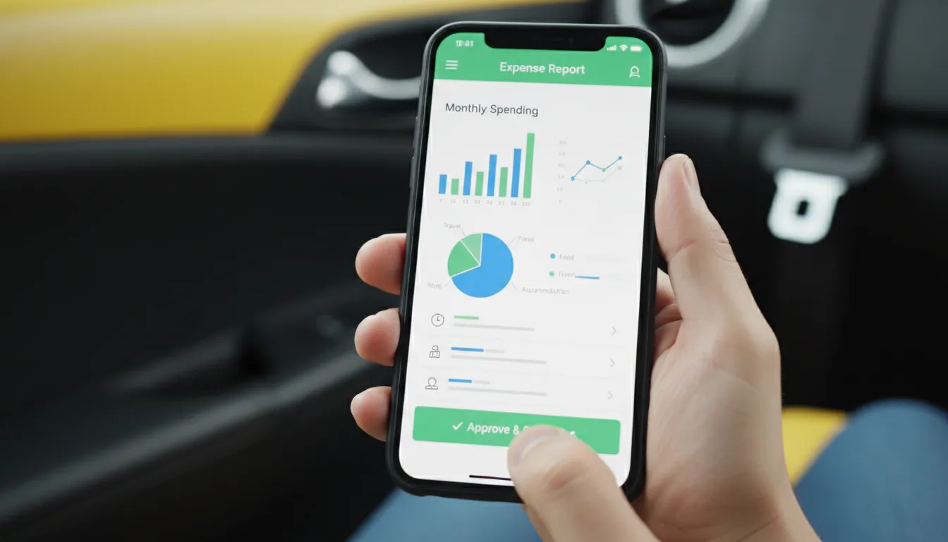 Aplicativo móvel de despesas corporativas exibido em smartphone, facilitando o controle e gestão de gastos em viagens de negócios.