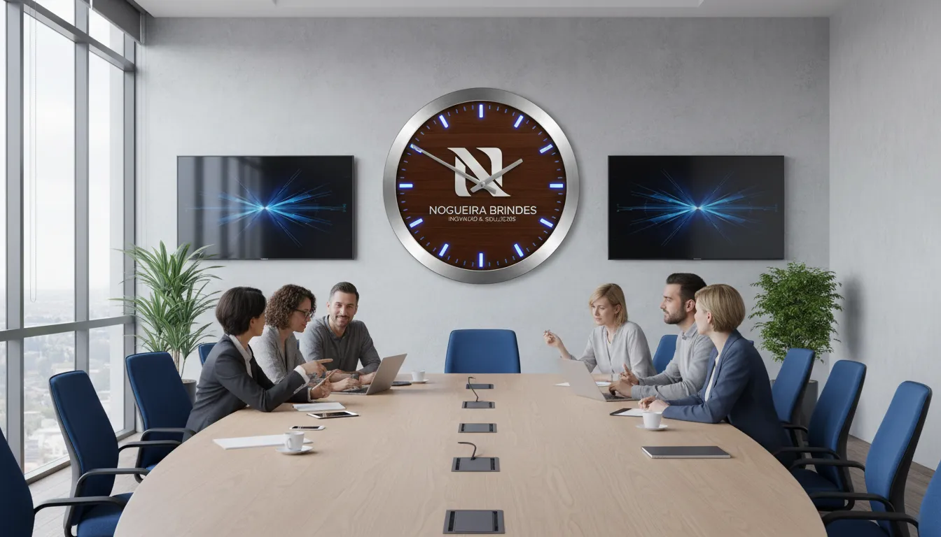 Sala de conferência com um relógio de parede personalizado da Nogueira Brindes como peça central, integrando-se ao design corporativo.