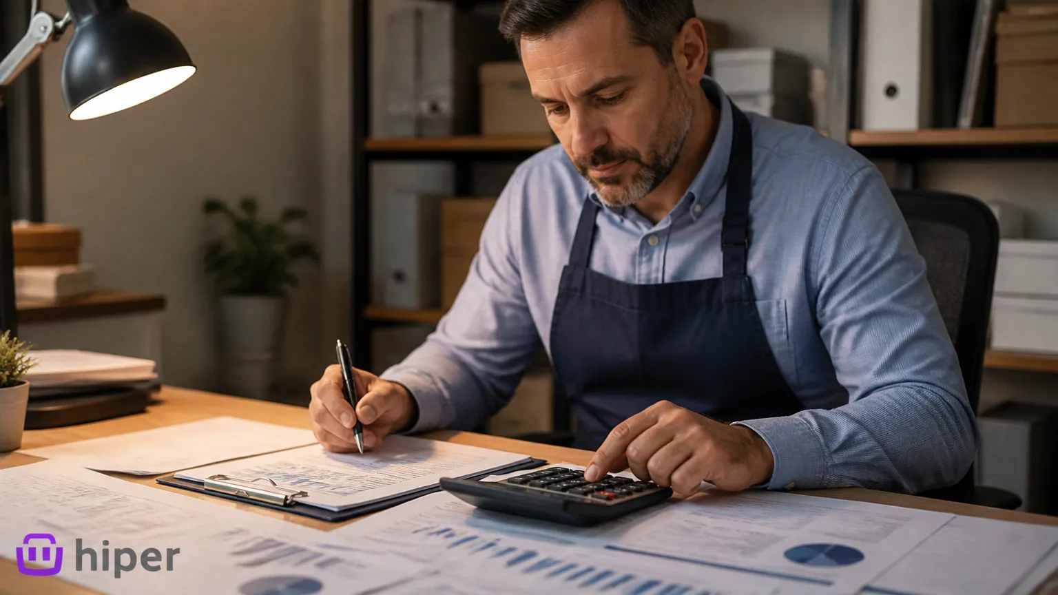 Comerciante calculando valores de adicional noturno em relatórios financeiros da loja.
