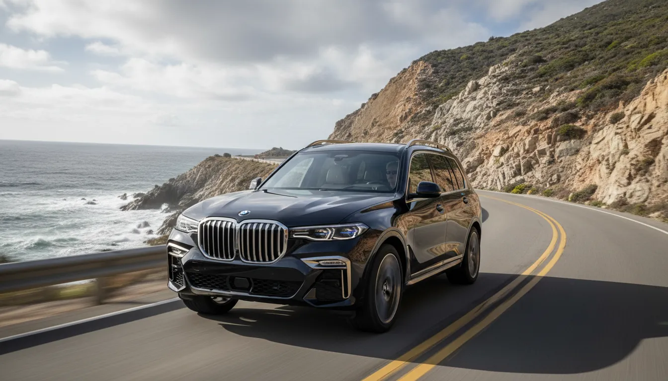 Um BMW X7 dirigindo em uma estrada costeira, destacando sua performance e design elegante, um dos carros de luxo família 2026 ideais para viagens.