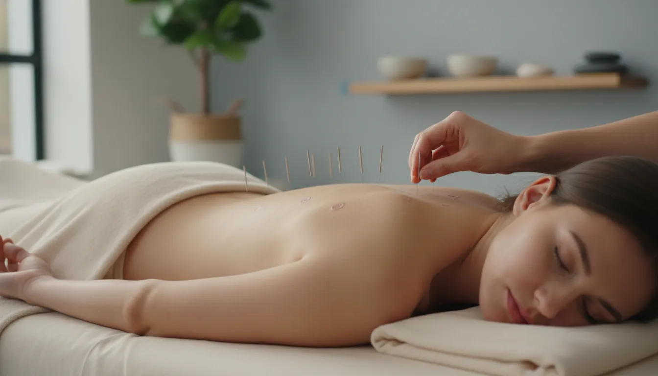 Sessão de acupuntura demonstrando as terapias alternativas para alívio da dor e bem-estar, com ambiente sereno e foco nos detalhes.