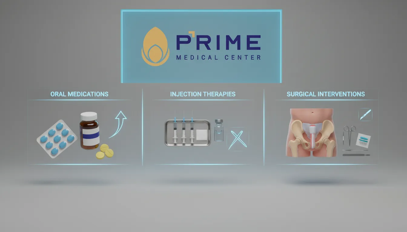 Opções de tratamento para a doença de Peyronie: medicamentos, injeções e intervenções cirúrgicas.