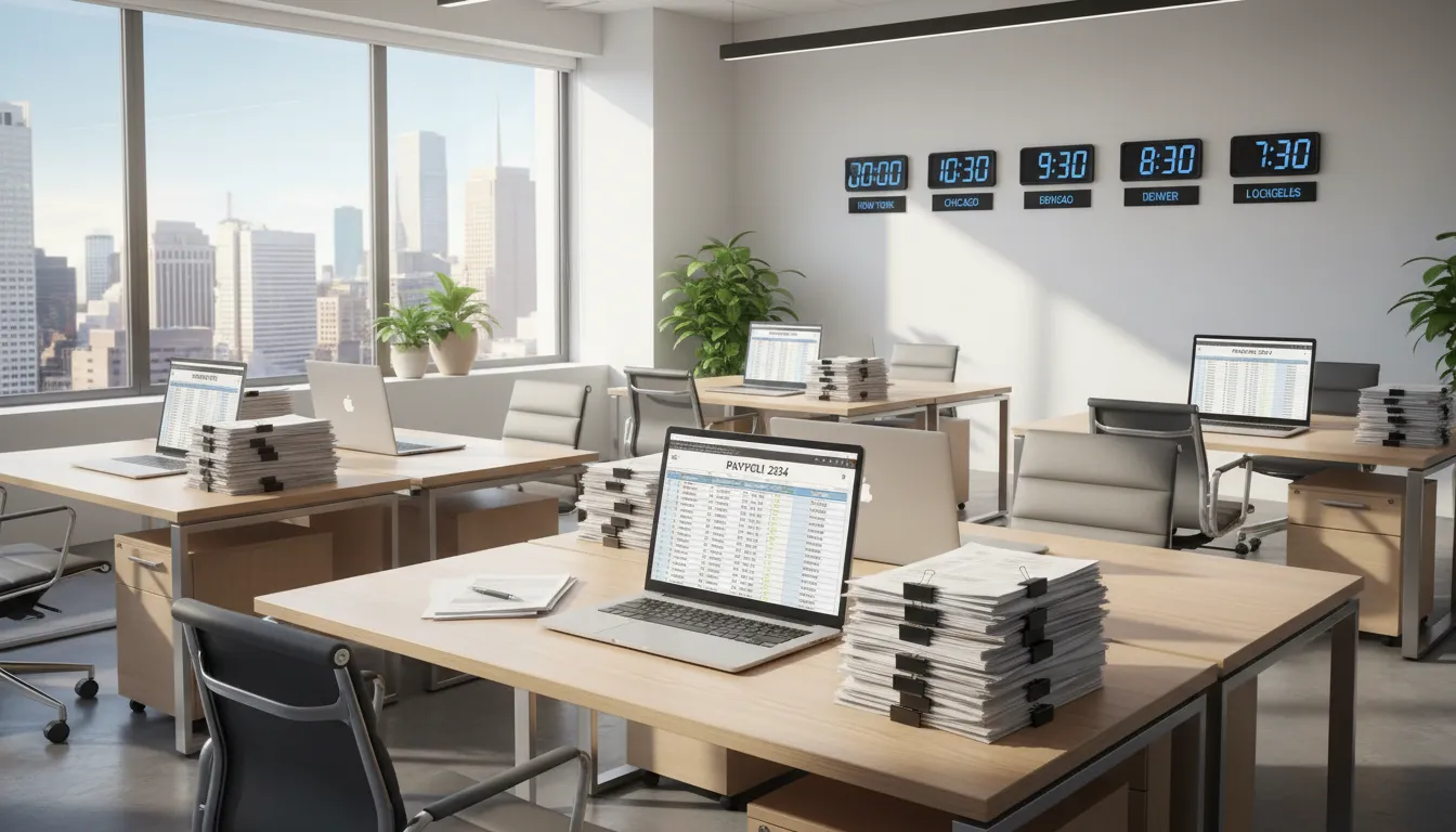 Escritório contábil nos EUA com planilhas de folha de pagamento abertas e documentos de conformidade à mostra.