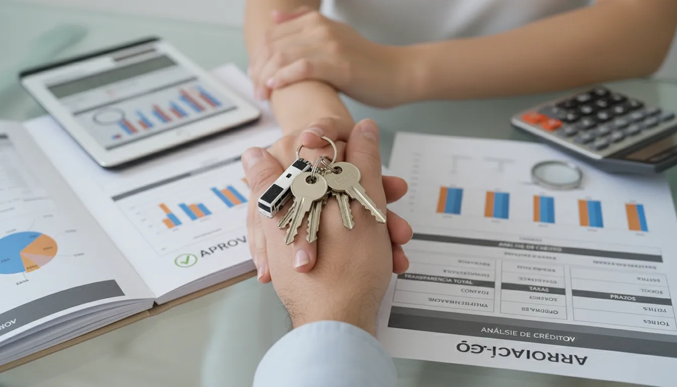 Entrega de chaves de ônibus e documentos, simbolizando análise e aprovação de empréstimo com transparência.