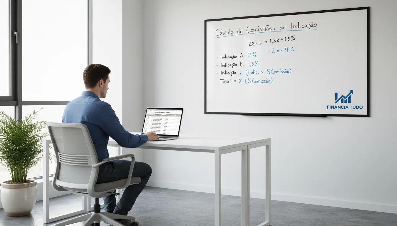 Profissional analisando opções de crédito e comissões de indicação em ambiente de trabalho moderno.