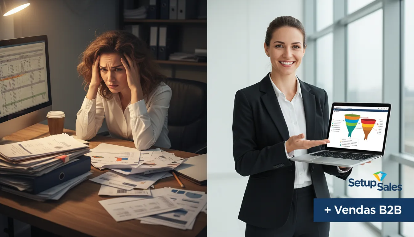 Cenário realista de um empreendedor transformando o caos em ordem com um funil de vendas bem estruturado, utilizando a solução da Setup Sales.