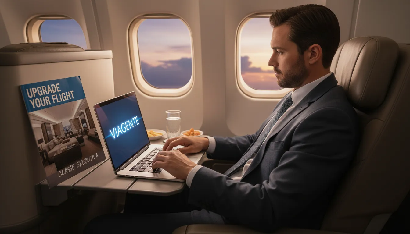 Homem de negócios relaxando na classe executiva, usando laptop. A revista de bordo mostra o título 'Upgrade Your Flight'. Uma experiência de viagem superior.