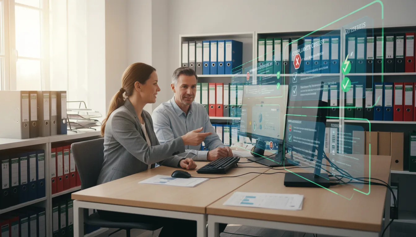 Contador trabalhando em ambiente colaborativo com checklists digitais e ícones de advertência de conformidade