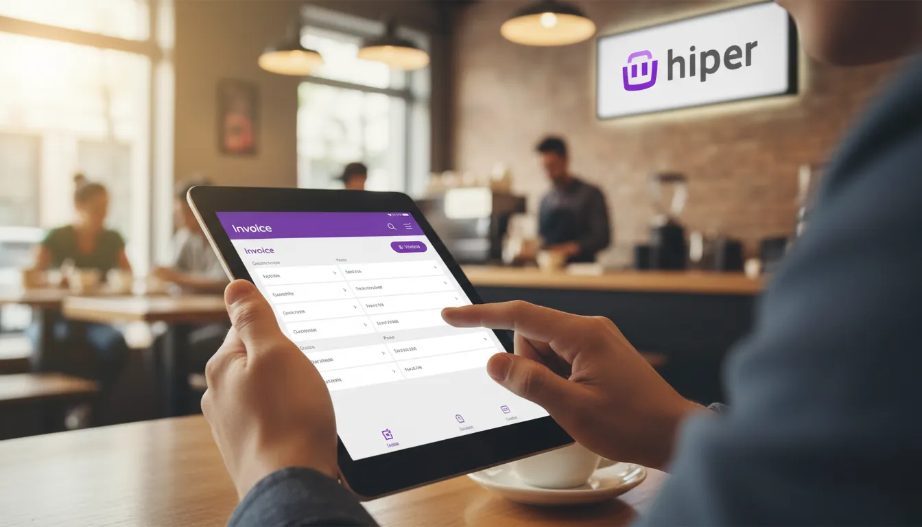 Mãos em close no tablet usando o app Hiper para emitir, descomplicadamente, uma nota fiscal de serviço como emitir.