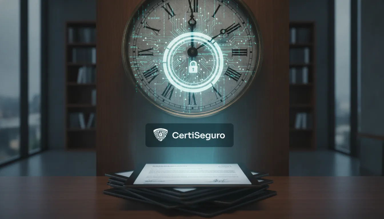 Relógio antigo e digital com carimbo de tempo etéreo sobre documentos, simbolizando irrefutabilidade e segurança.