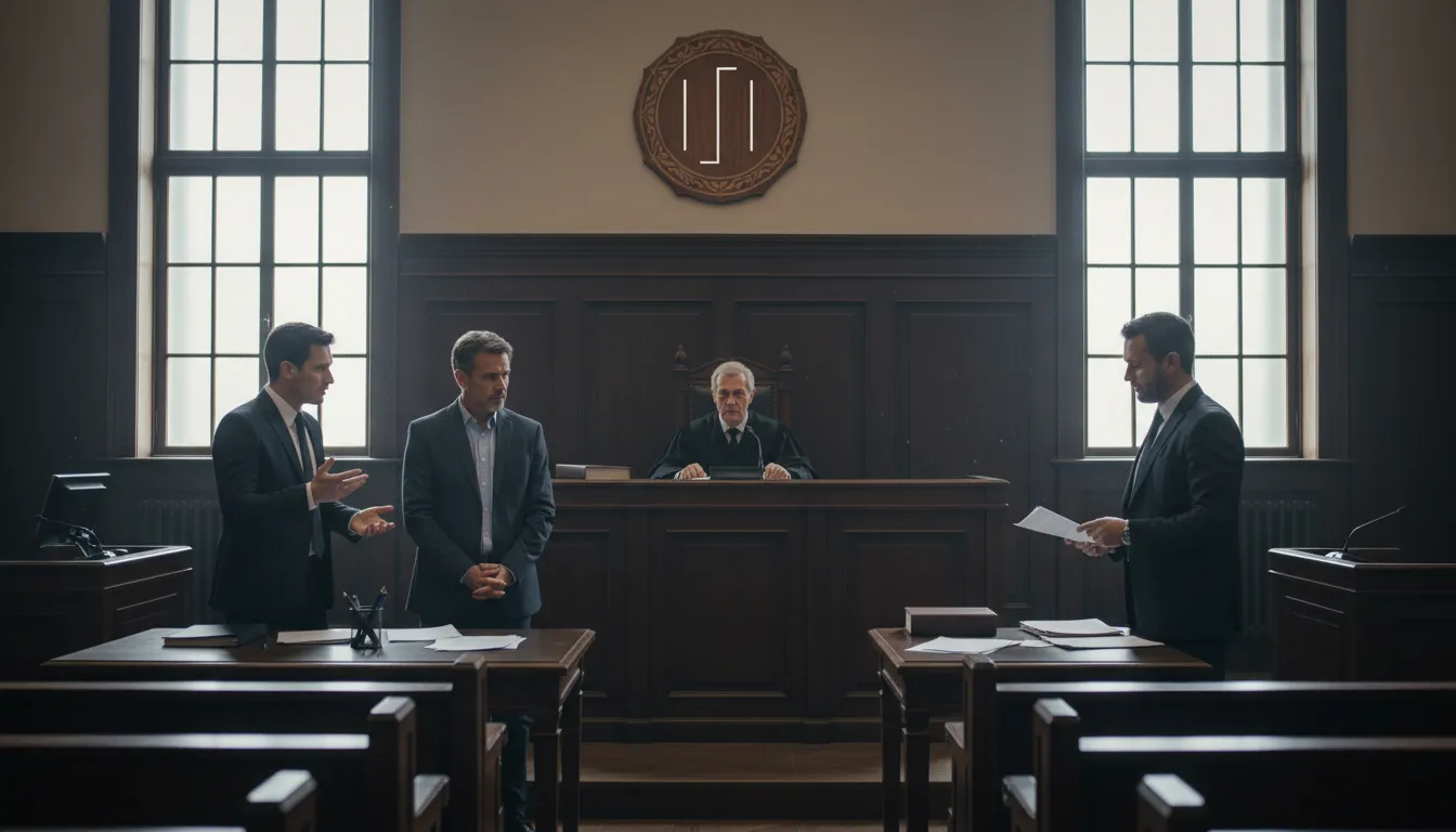 Cena em tribunal ilustrando a necessidade de assessoria jurídica trabalhista empresarial para a defesa e prevenção de riscos legais.