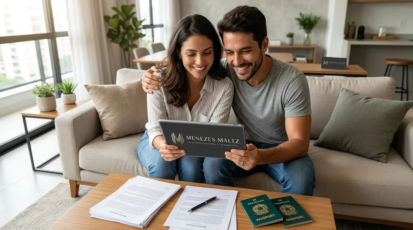 Casal brasileiro planejando dupla cidadania sem residência fiscal automática.