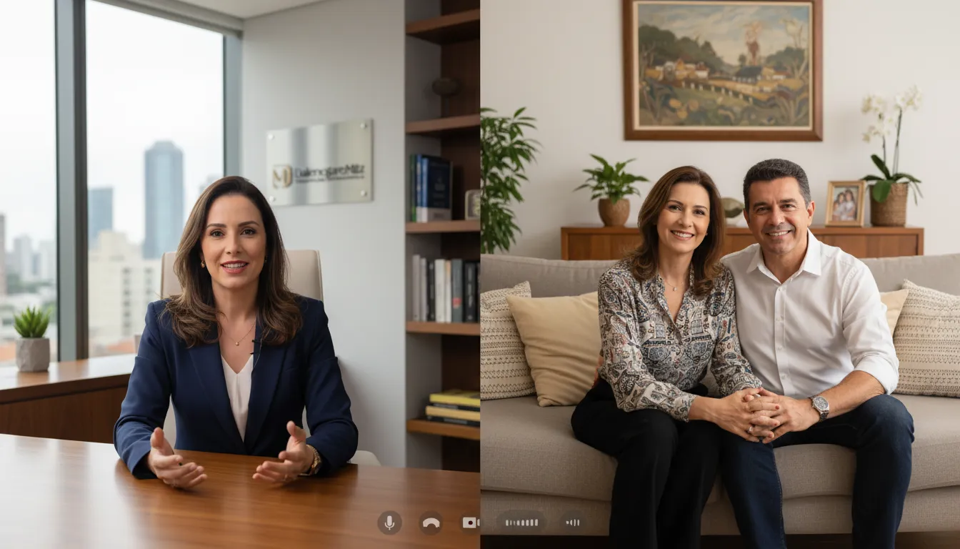 Casal brasileiro em consulta virtual compreende os benefícios de uma holding internacional patrimonial para proteção.