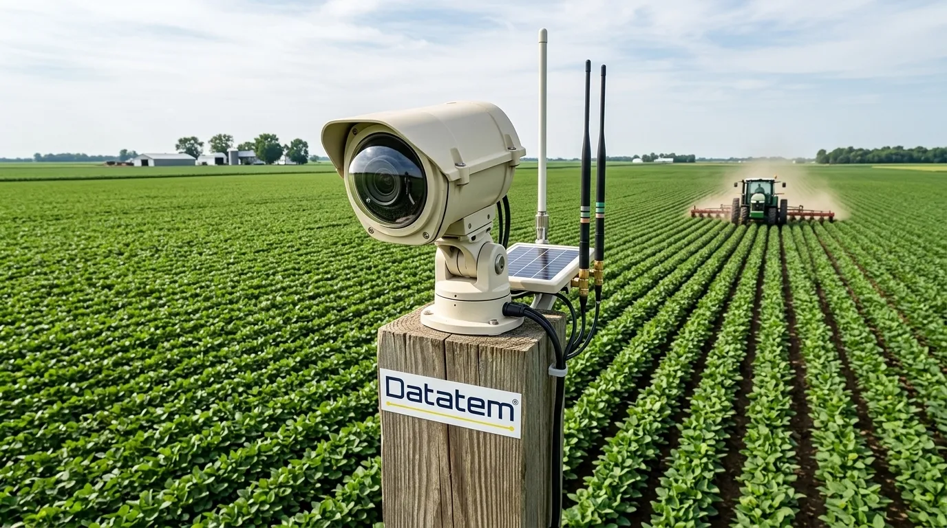Câmera de segurança sem fio monitorando plantacao agricola sob ceu ensolarado.