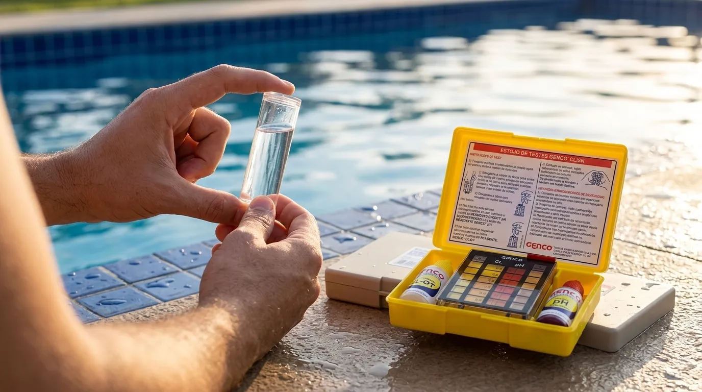 Ajuste e controle do pH da piscina para manter a água tratada e limpa.