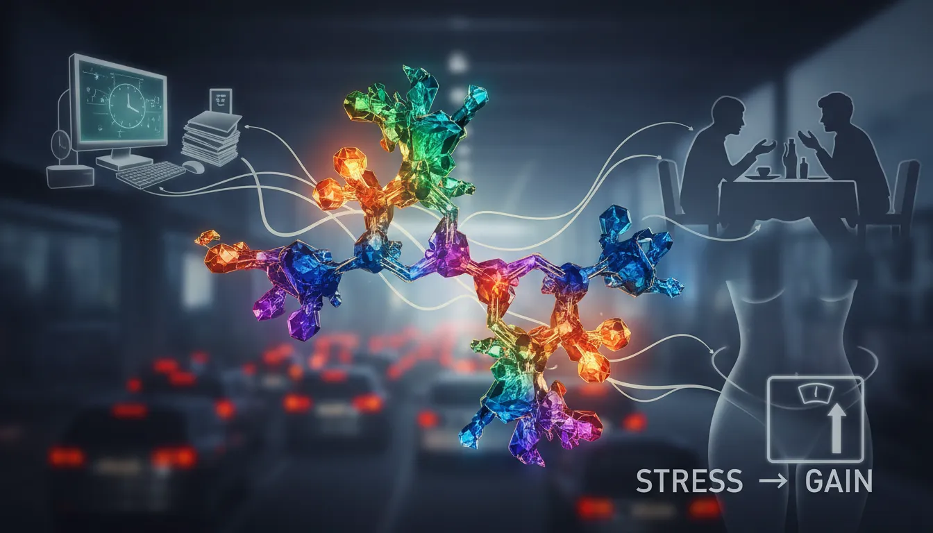 Ilustração detalhada da molécula de cortisol, hormônio associado ao acúmulo de gordura por estresse no corpo humano.