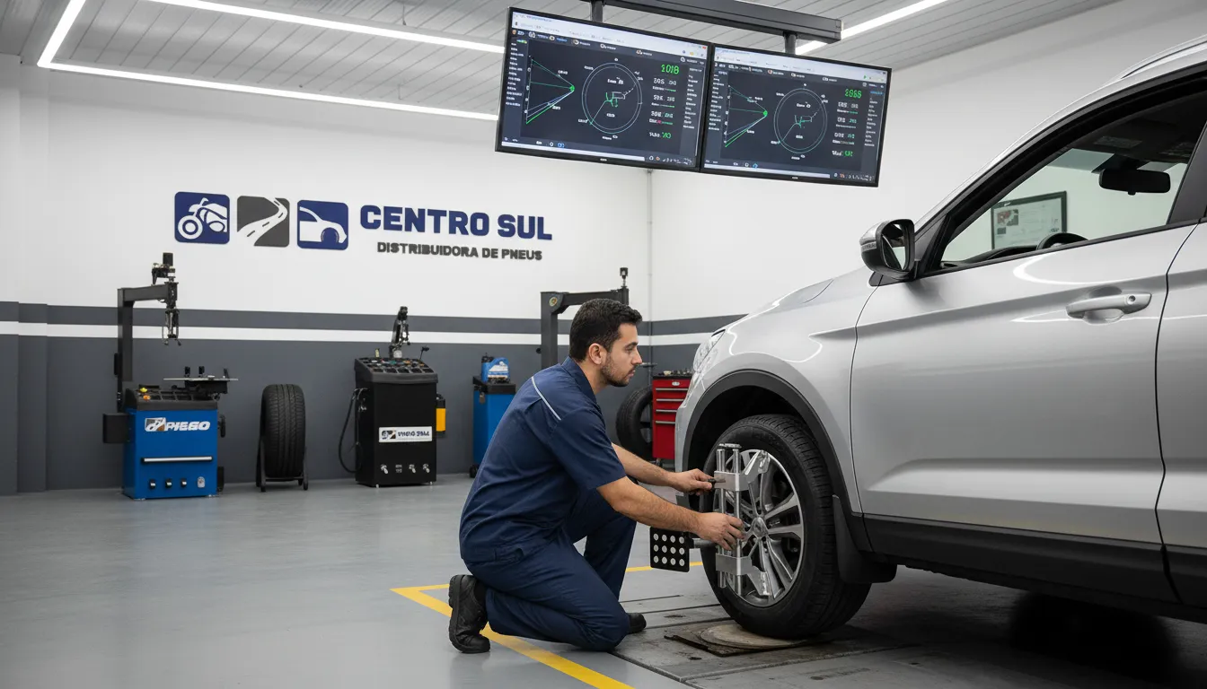 Serviços Centro Sul: geometria 3D, balanceamento essencial para segurança e economia combustível pneu.