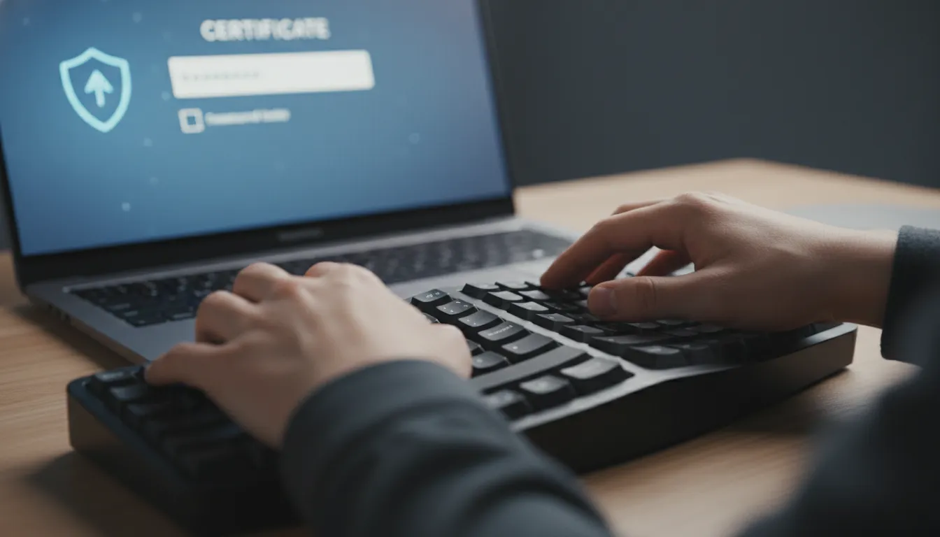 Mãos digitando senha certificado digital complexa em teclado, com tela mostrando interface de login seguro e sem anotações.