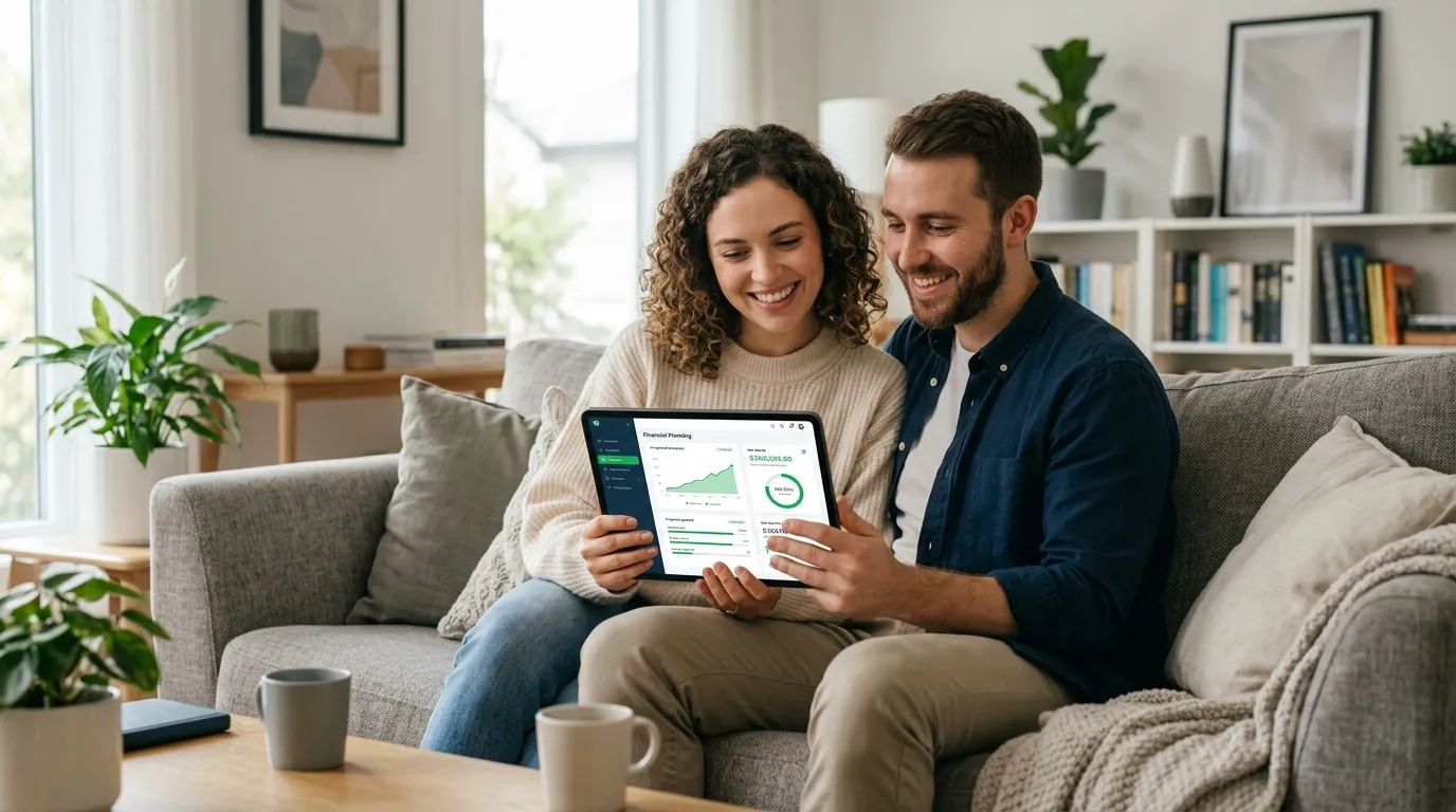 Casal planeja orçamento usando refinanciamento de carro quitado ou financiado para organizar finanças familiares.