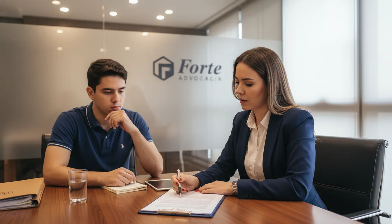 Advogado explicando direitos trabalhistas sobre o adicional noturno cálculo correto a um cliente na Forte Advocacia.