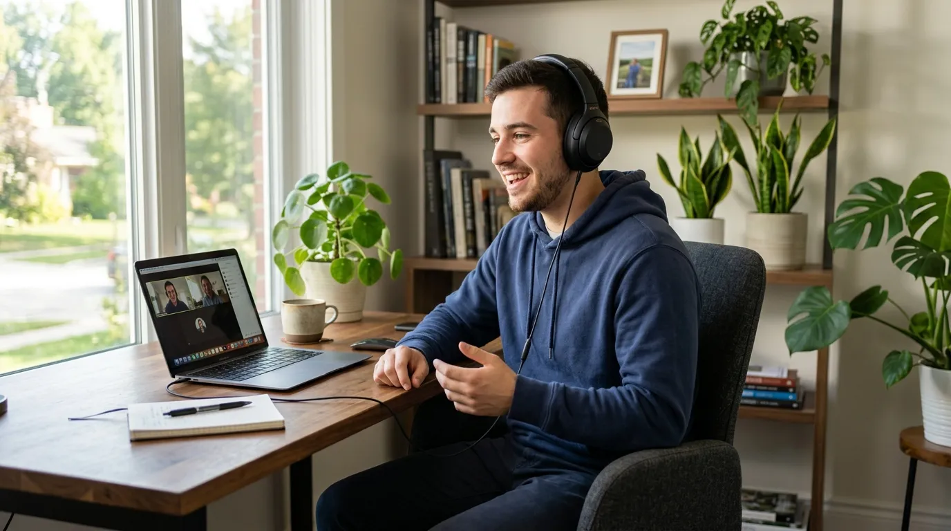 Homem relaxado usando fones de ouvido durante terapia online