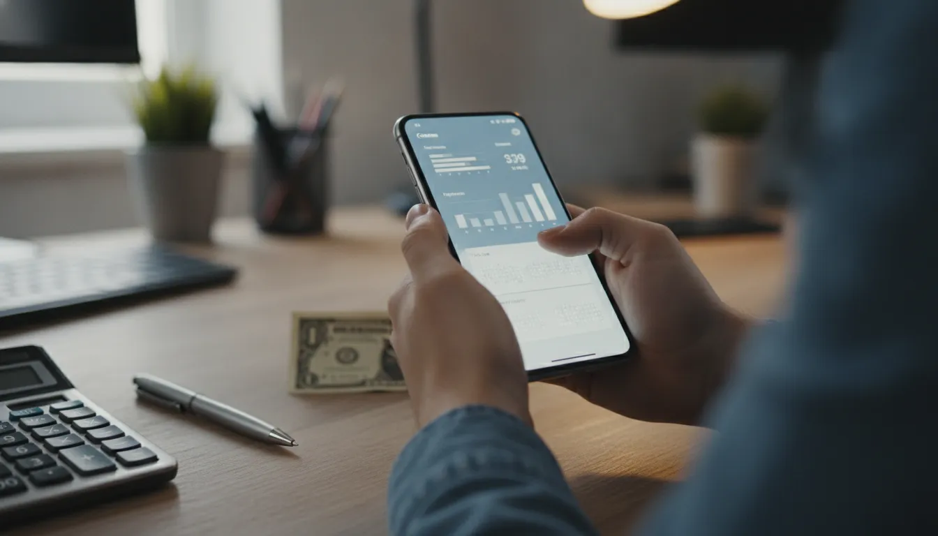 Detalhe de smartphone com fatura e dólar, simbolizando custos e Quanto Custa Abrir uma Empresa nos EUA.