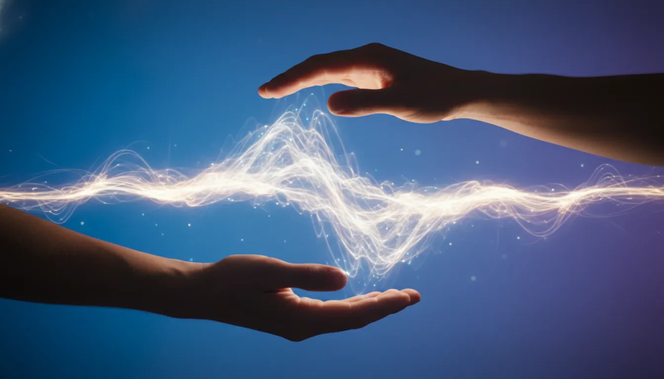 Visualização da energia fluindo durante uma sessão de Reiki, uma forma de terapias vibracionais, com foco nas mãos do terapeuta e do paciente.