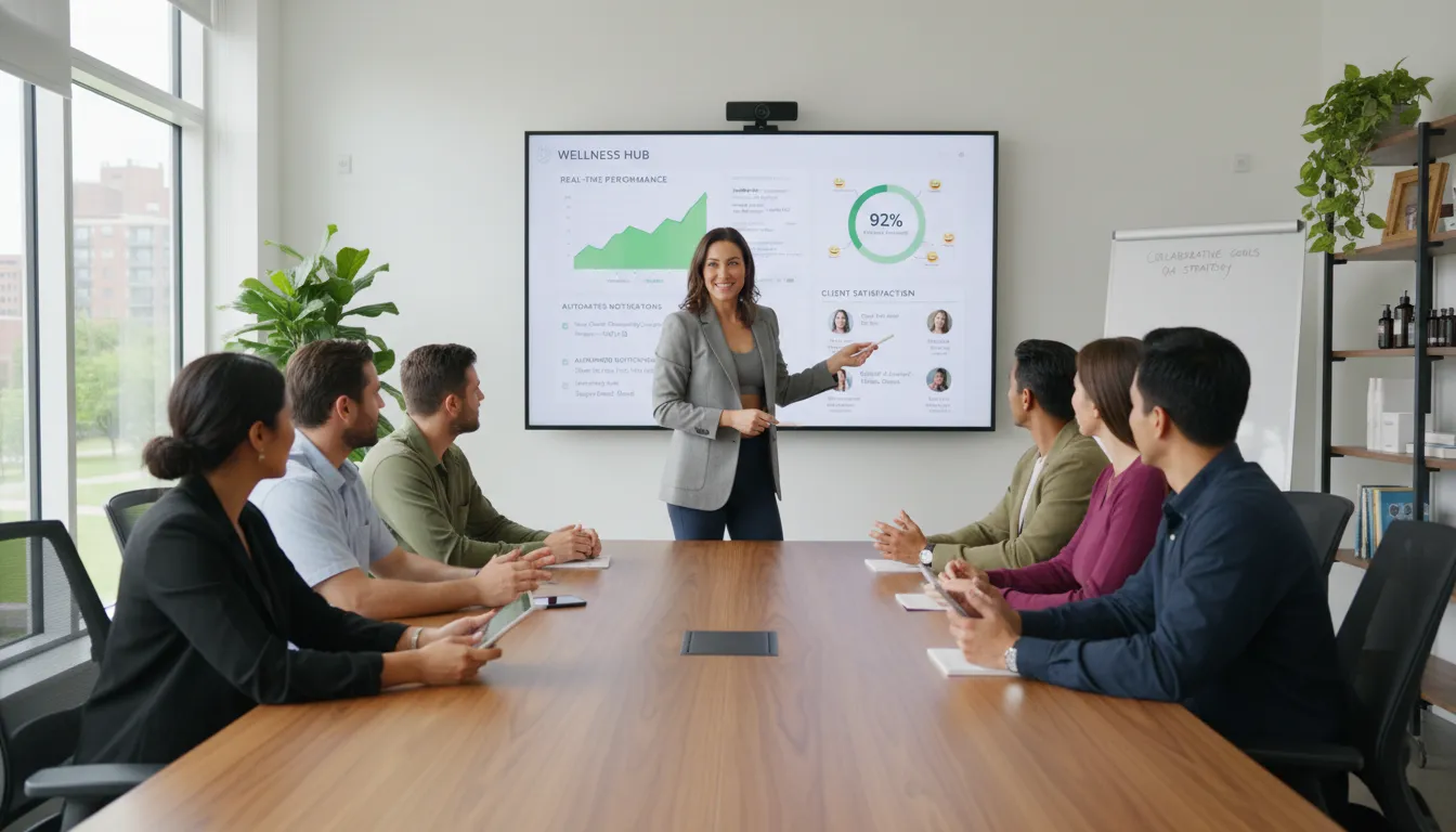Líder de negócio wellness guiando equipe, monitorando métricas e colaboração eficiente durante crescimento