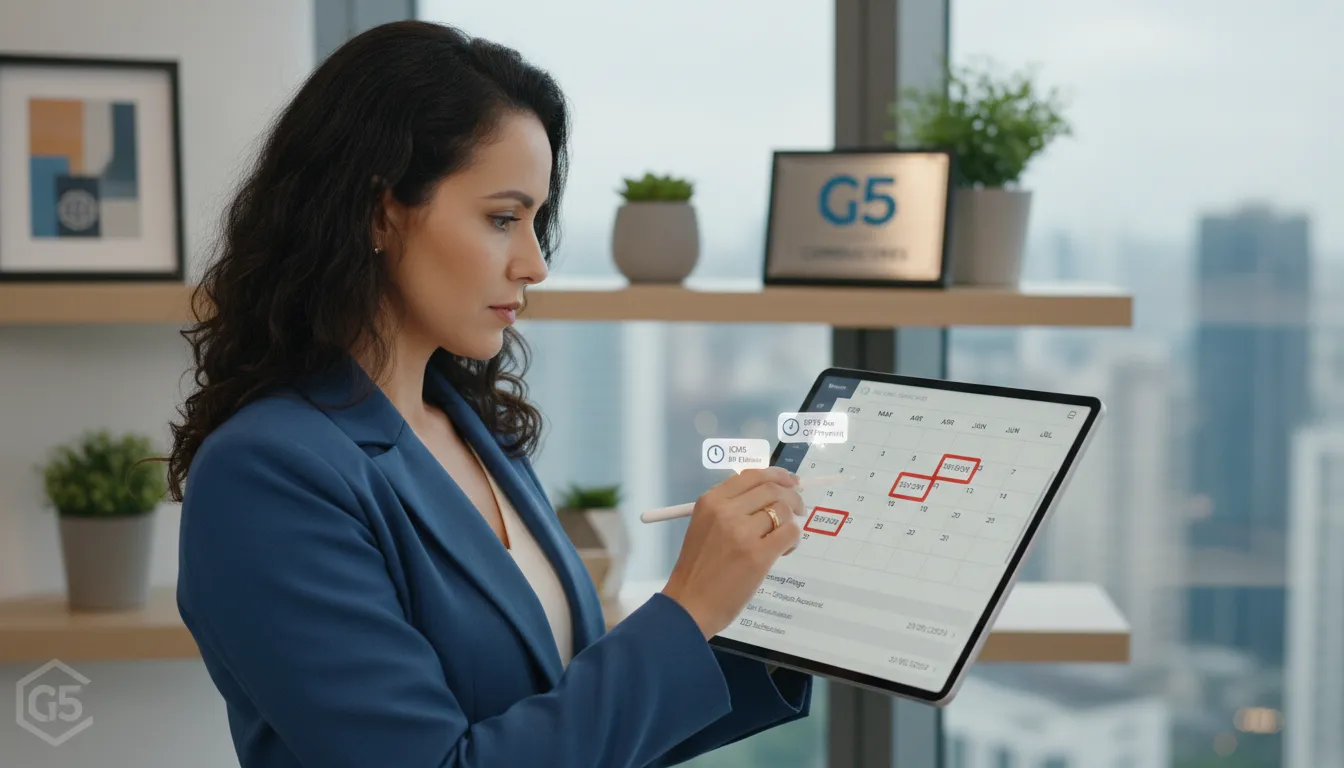 Gestor acompanha calendário de prazos fiscais em ambiente corporativo