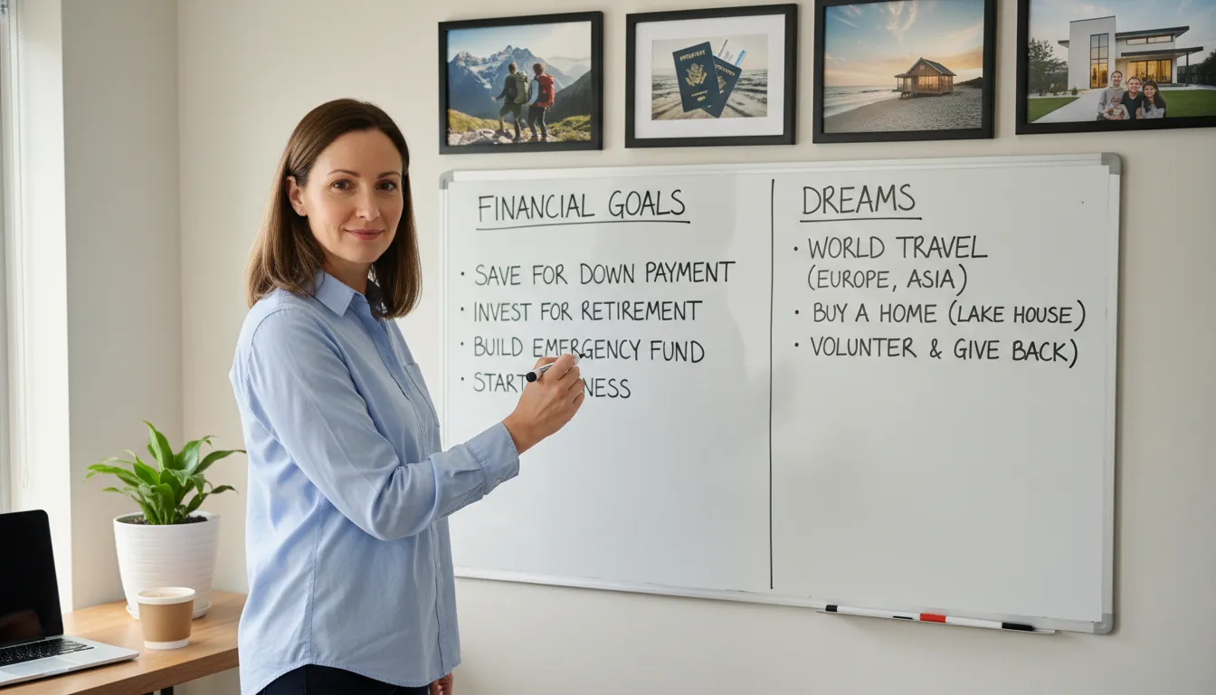 Pessoa definindo metas e planejamento financeiro em quadro branco, inspirada por sonhos