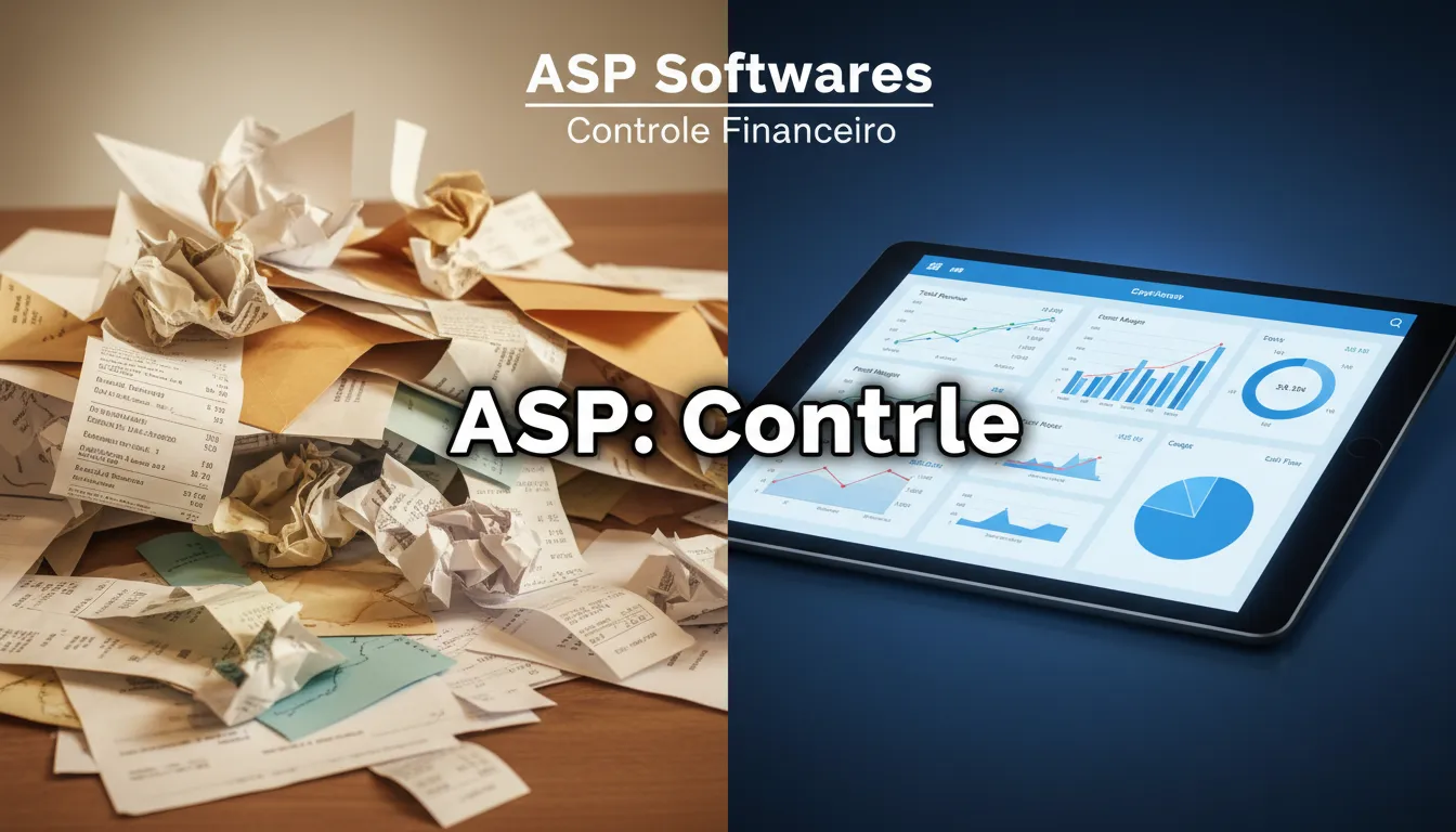Comparativo entre desorganização financeira e um painel digital organizado, destacando a importância da gestão financeira eficiente.