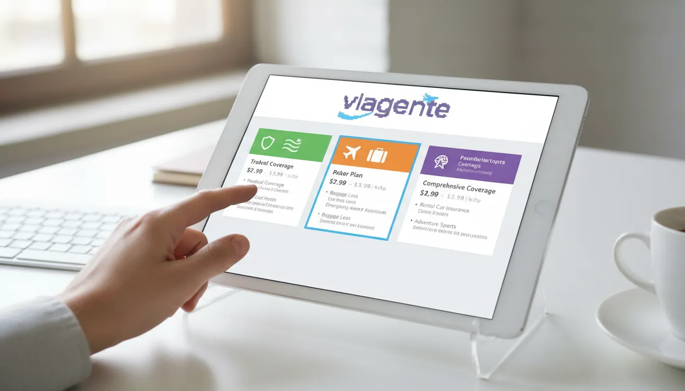 Interface digital mostrando planos de seguro viagem em um tablet, facilitando a escolha do melhor seguro viagem.
