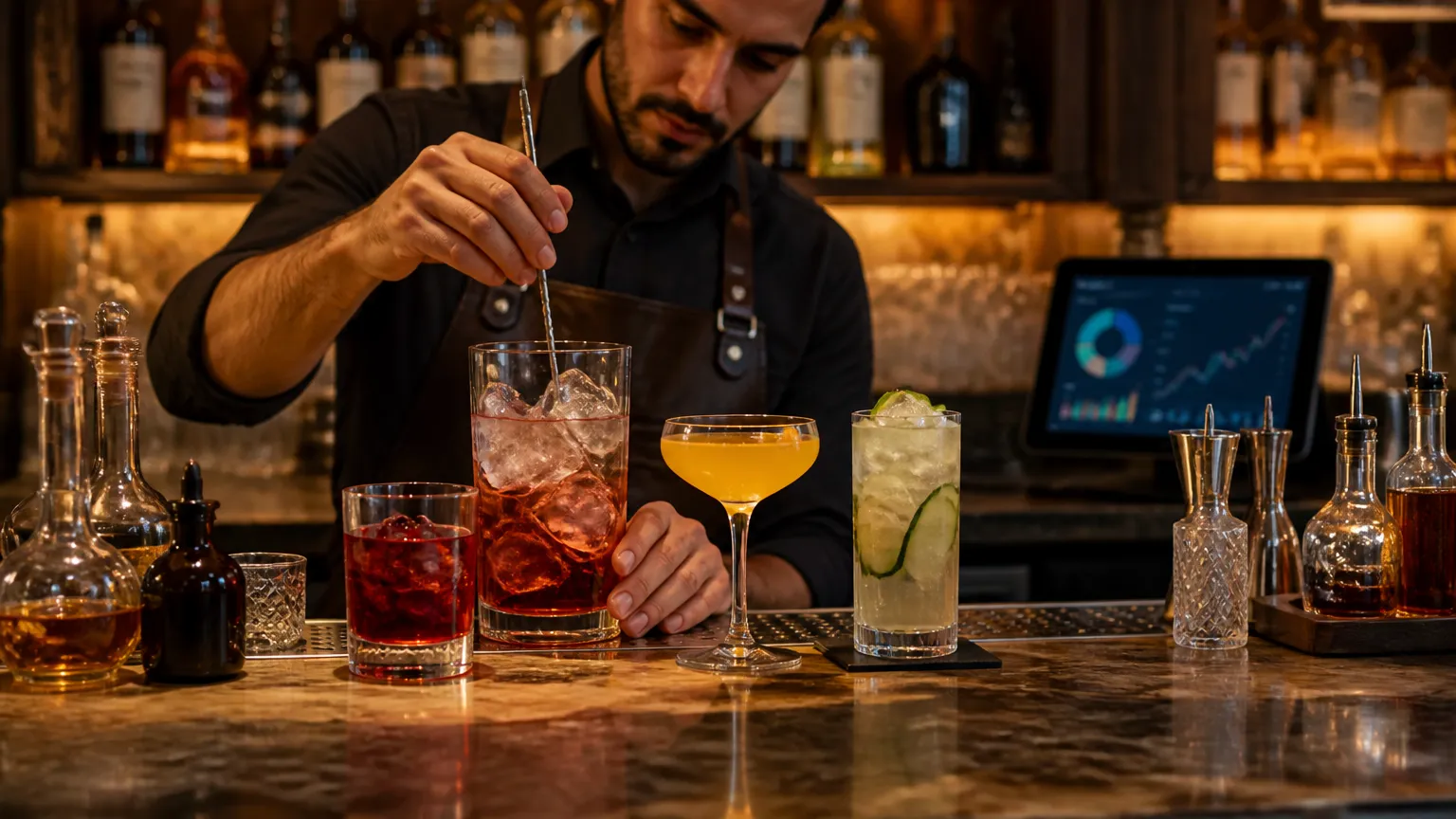 Balcão de bar preparando bebidas sujeitas a regras de sales tax restaurante americano.