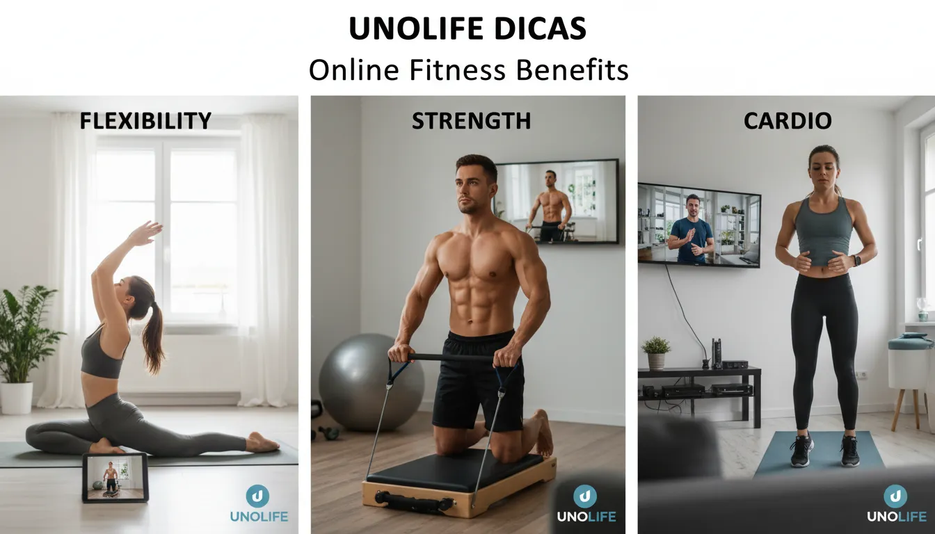 Montagem de diferentes modalidades de treino online, como yoga, pilates e HIIT, enfatizando os benefícios de cada um. Variedade e resultados ao alcance de um clique com o treino online.