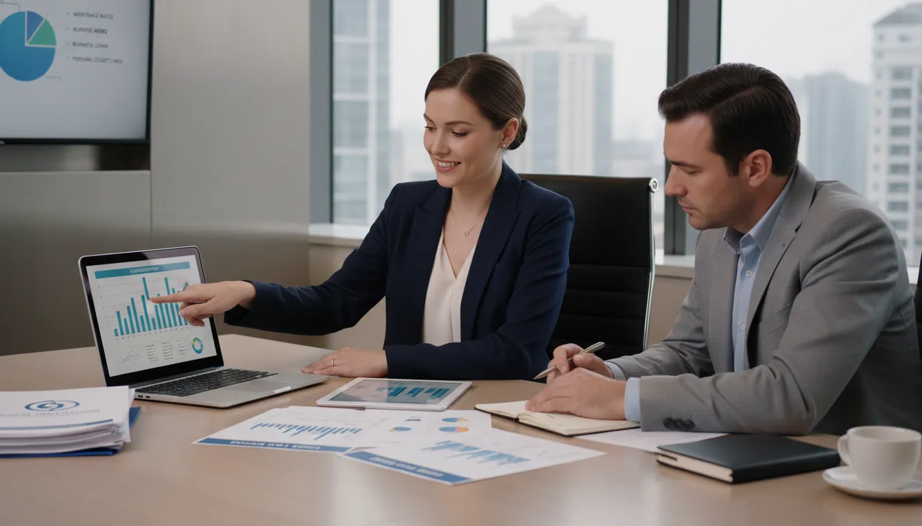 Consultora financeira apresenta opções de crédito a cliente em ambiente corporativo moderno.