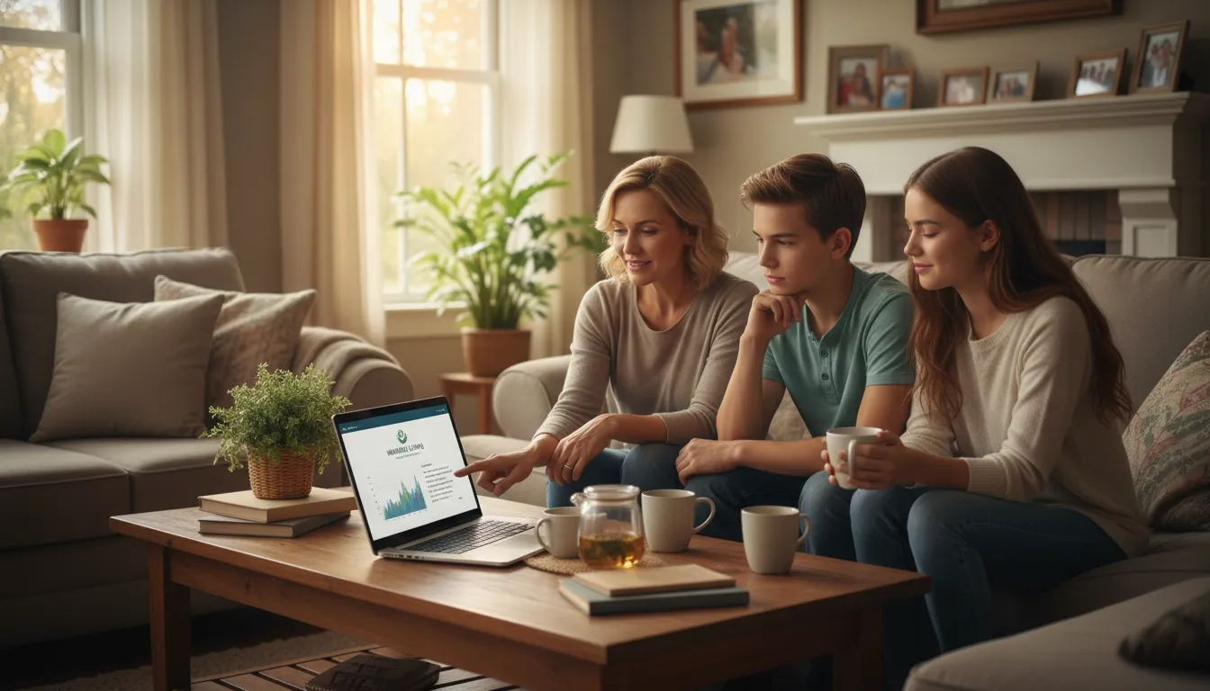 Família reunida online discutindo saúde mental e bem-estar em ambiente tranquilo.