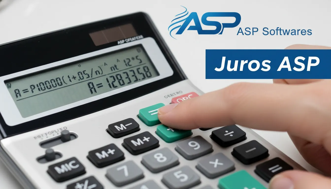Detalhe de uma calculadora mostrando uma fórmula complexa de cálculo de juros, com o logo da ASP Softwares ao fundo, destacando a calculadora de juros.