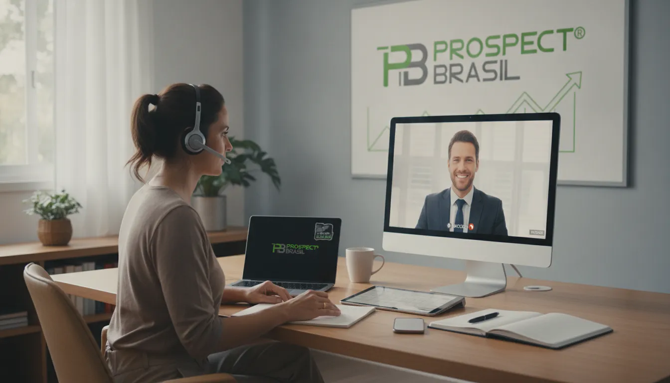 SDR engajada em prospecção de clientes B2B, realizando chamada de qualificação em home office moderno.