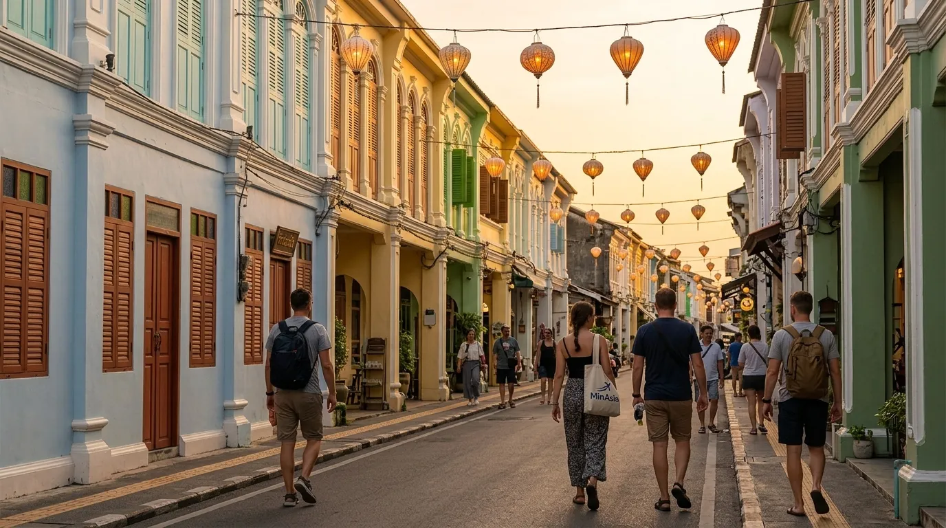 Ruas históricas com arquitetura colonial em Phuket Tailândia.