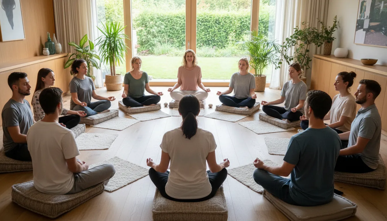 Grupo diverso em terapia, praticando mindfulness, fortalecendo a autoestima e o bem-estar.
