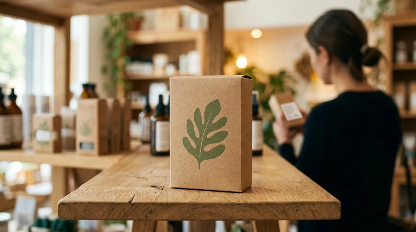 Embalagem sustentável sendo inspecionada para combate a práticas de greenwashing.