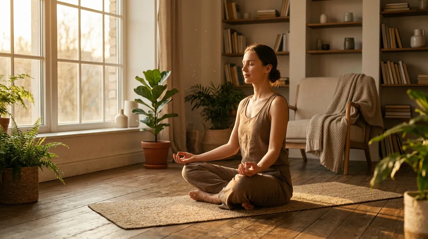 Mulher meditando em casa apos compreender a importancia da terapia online para o descanso.