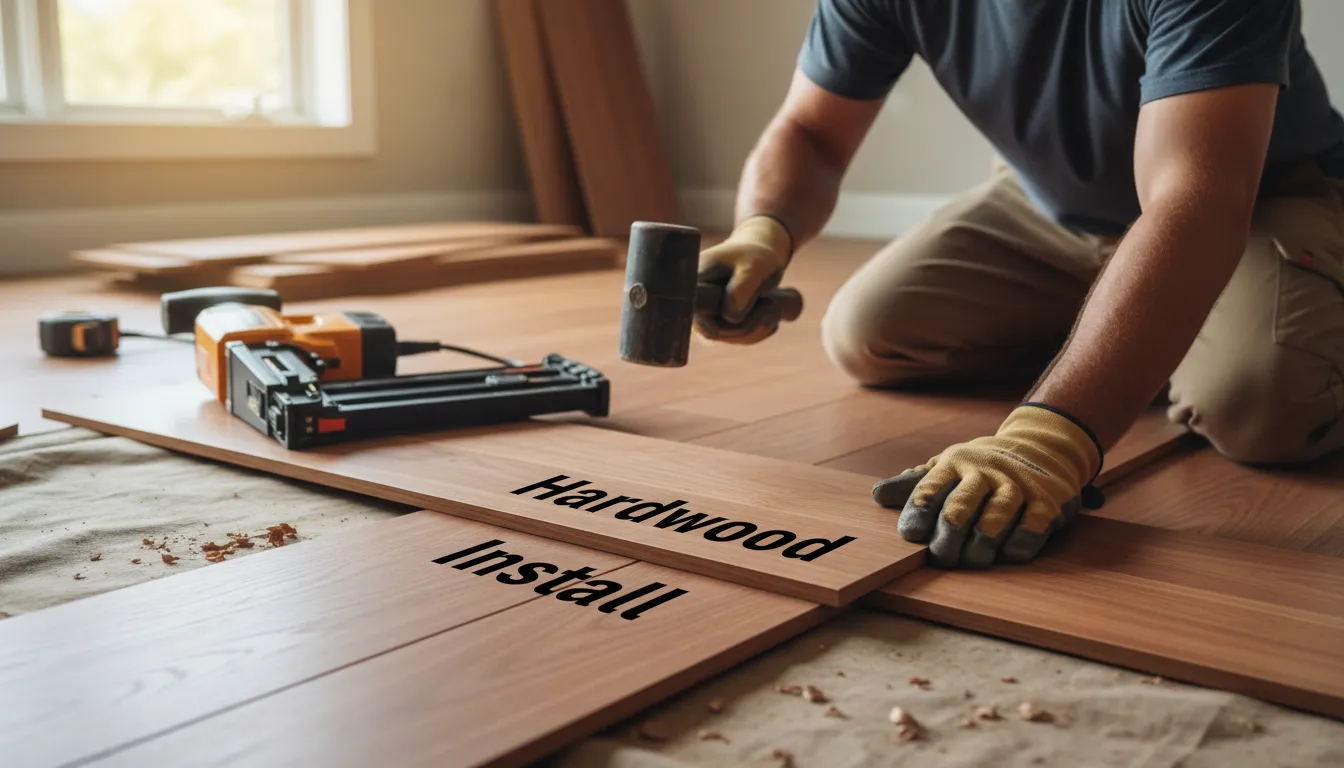 Expert craftsman installing Hardwood Flooring Instalation near me with precision and specialized tools, highlighting the quality of the work.