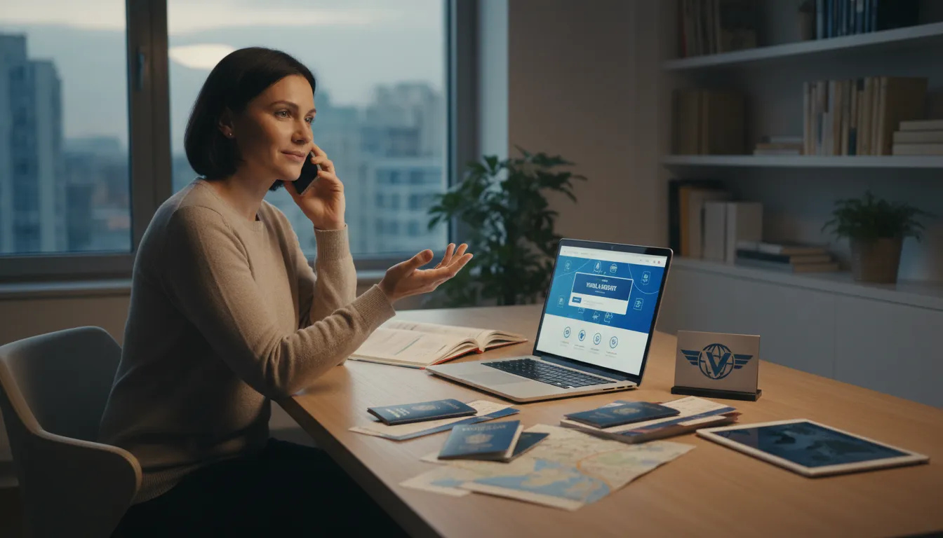 Pessoa falando ao telefone com um agente da Viagente, discutindo soluções para problemas de overbooking, com documentos de viagem à mesa.