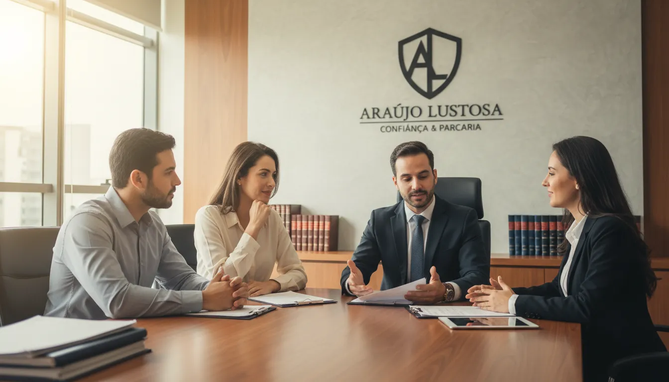 Reunião de advogados e clientes demonstrando empatia e ética em sala com logotipo Araújo Lustosa Advogados na parede.