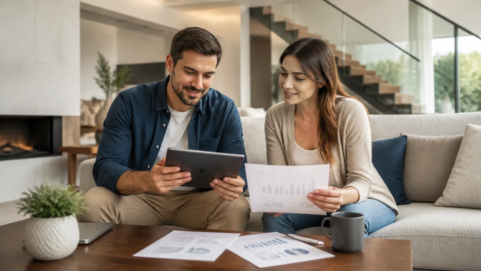 Casal planejando estratégias de como aproveitar imóvel quitado com segurança financeira.
