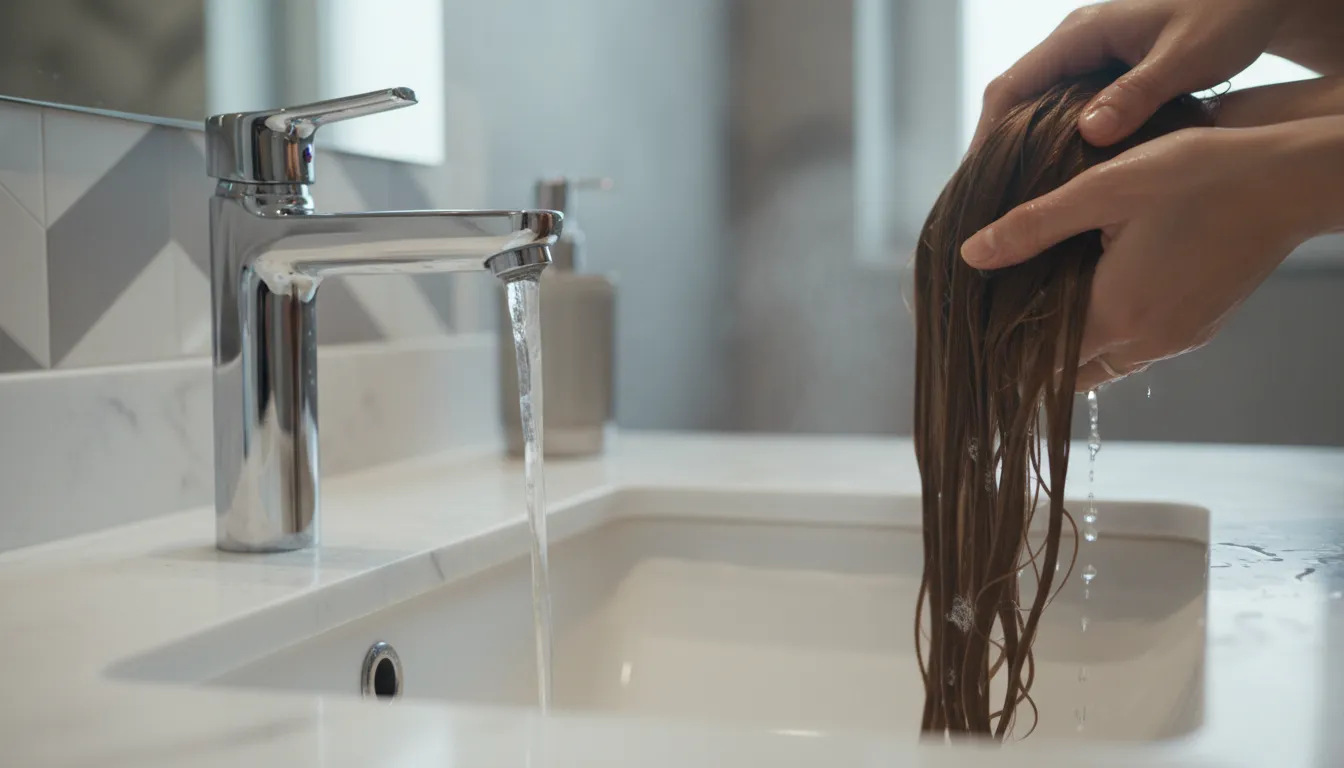Cabelo molhado sendo lavado com água doce para remover sal e areia após a praia.